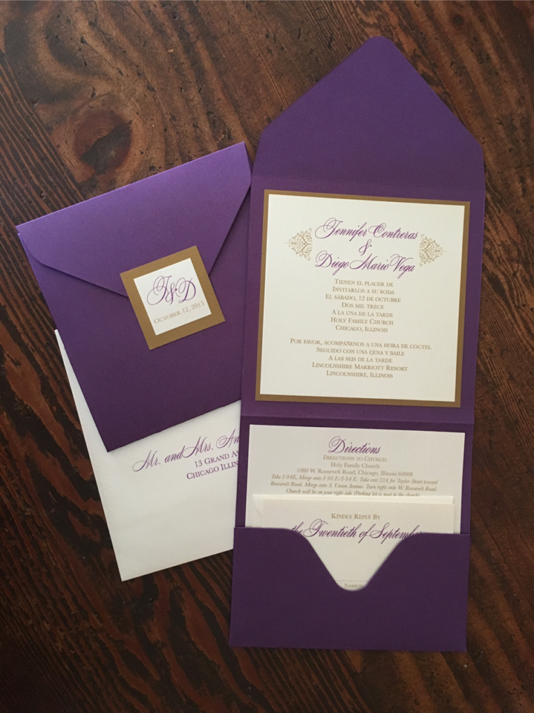 erickson design violet purple pocket fold wedding monogram invitation set